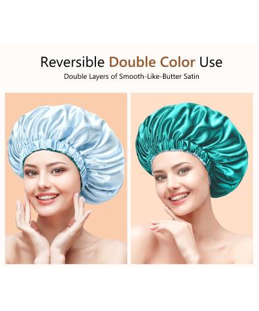 Mikimini Satin Sleep Hood for Long Curly Hair | 2 Pack Green & Light Blue | Double-Layer Silk Hair Caps for Women | Extra Large Stretchy Sleep Caps - Buy Online on GoSupps.com