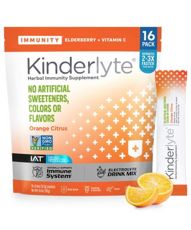 Kinderlyte Immunity: Immune Support Hydration Supplement, Plant Powered Blend, Electrolyte Drink Mix, Elderberry, Turmeric, Vitamin D3 (Orange Citrus, 16 Count) Orange Citrus 0.4 Ounce (Pack of 16)