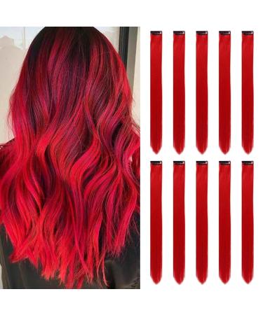 Colored Hair Extensions Clip In for Girls 22 Inch Colorful Straight Hair Extensions for Party Highlights Hair Accessories Hair Pieces for Women(10 PCS Red) 10pcs-Red