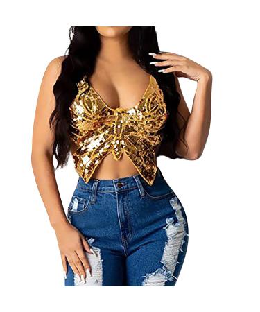 Belly dance belly dance crop TOP - Code of Course Glitzer sequin butterfly Top Sequin Tank Top Rave West Metallic Glossy tops backless sleeveless sleeves Sparkly undershirt Party -West Gold S