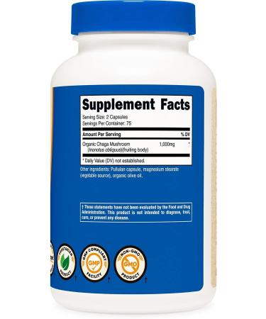 Nutricost Organic Chaga Mushroom Capsules 1000mg - 150 Capsules, CCOF Certified, Vegetarian, Gluten Free - Buy Online on GoSupps.com