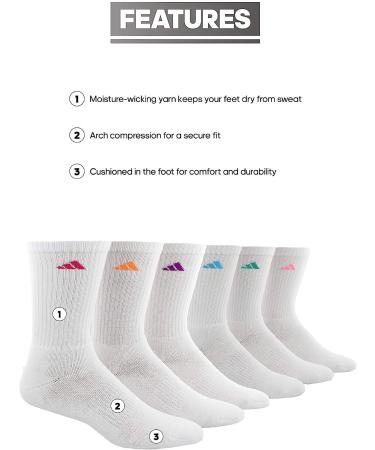 adidas Athletic Crew Socks 6-Pack - White/Shock Pink/Bright Cyan (Medium) - Buy Online on GoSupps.com