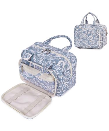 Narwey Full Size Toiletry Bag Women Large Makeup Bag Organizer Travel Cosmetic Bag for Essentials Accessories (Blue Leaf)