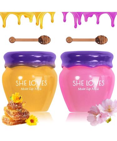 2Pcs Lip Mask Overnight Set Honey&Sakura Bee Balm Lip Balm Honey Pot with Brush Day And Night Repair Fade Lip Lines Lip Sleeping Mask Lip Scrubs Exfoliator & Moisturizer Hydrating &Prevention Dry And Crack Lip Care Produ...