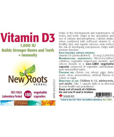 New Roots Herbal - Vitamin D3 1000 IU 180 Capsules - Helps in the Development and Maintenance of Bones and Teeth - Helps to Maintain and Support Immune Function - Buy Online on GoSupps.com