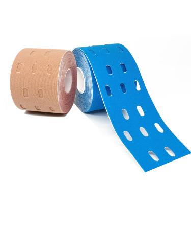 2 Rolls Kinesiology Tape with Breathable Holes Physio Athletic Tape Elastic Sports Tape Muscles Lift Tape for Pain Relief 2" x 16.4 feet/Roll Blue+Beige