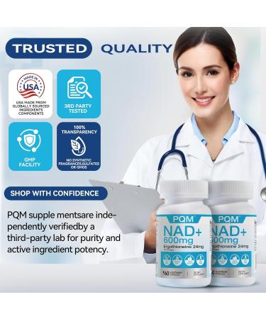 PQM NAD+ 600mg with Ergothioneine 24mg | Supports Cellular Energy Anti Aging & Vitality | 99% Pure NAD Supplement | 60 Vegetarian Capsules Third-Party Tested - Buy Online on GoSupps.com