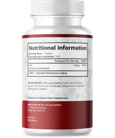 Iron 14mg Tablets | 180 Vegan Tablets - 6 Month Supply | High Strength Ferrous Fumarate Supplement | for Tiredness & Fatigue | Made in The UK by Shivay Herbals - Buy Online on GoSupps.com
