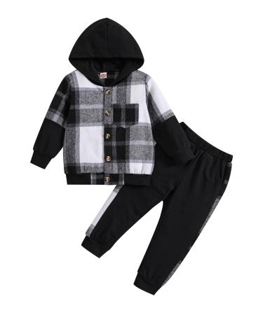 Qiraoxy Toddler Baby Boy Clothes Long Sleeve Tops Plaid Button Hoodie Thick Sweatshirt Jacket Sweatpants Outfit Set Kids Boy Fall Winter Warm Outfits Set 5-6 Years Black