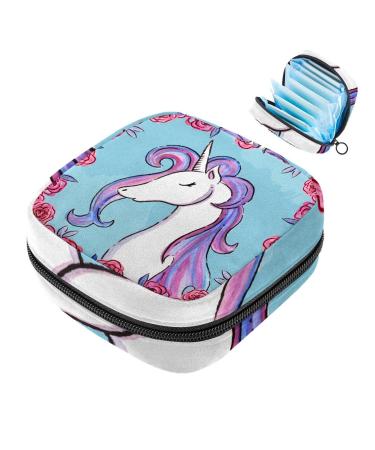 Menstruation pad bag with zipper women's napkin bag tampons collecting bags for women and girls (cute unicorn horse rose)