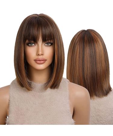 KOME Short Bob Wigs for Women mixed Brown Colored Highlight Bob Wig with Bangs Balayage Straight Shoulder Length Synthetic Wig for Daily Use 12IN