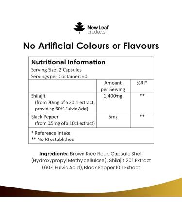 Premium Shilajit Capsules 1400mg 60% Fulvic Acid - High Strength Himilayan Shilajit | 2 Months Supply | Made in UK | New Leaf 120 Capsules - Buy Online on GoSupps.com