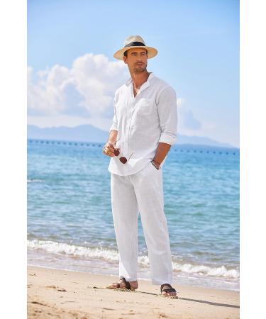 COOFANDY Men's 2-Piece Linen Set: Button Down Shirt & Drawstring Waist Pants - A-white, XX-Large - Buy Online on GoSupps.com