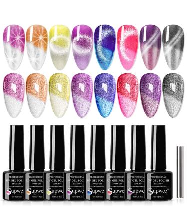 SUPWEE 2-IN-1 Color Changing Cat Eye Gel Polish Set Temperature Color Change Crystal Cat Eye Nail Gel Polish Holographic Glitter Cat Eye Gel Polish Set Varnish Soak Off Lamp Gel 8 Color-7ml(0.24fl.oz)