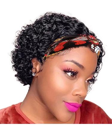 Short Curly Headband Wig Human Hair for Black Women Pixie Cut Curly Bob Wig Glueless Half Wigs 150% Density Natural Black 6 Inch… 6 Inch 1B