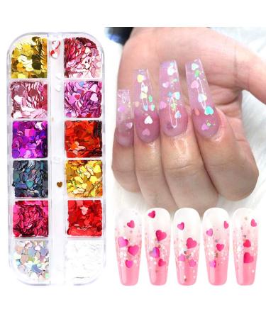 3D Heart Nail Art Stickers Glitter Decals Love Nail Sequins Laser Heart Nail Supplies Sparkle Nail Flakes Mixed Size Colorful Shiny Design for Acrylic Nail Supplies Charms Nail Decorations Accessories