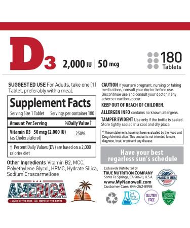 NANOWELL Vitamin D3 2000iu (50 mcg) - Bone Muscle Health and Immune Support Supplement - 180 Tablets 180 Day Supply 2 000 IU Tablets - Buy Online on GoSupps.com