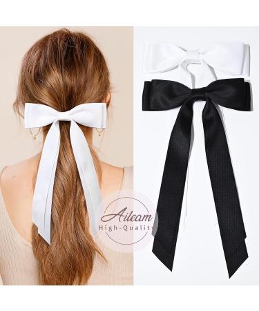 2PCS Silky Satin Hair Bows Hair Clips Black White Ribbon Ponytail Holder Accessories for Women, Girls, Kids - Buy Online on GoSupps.com