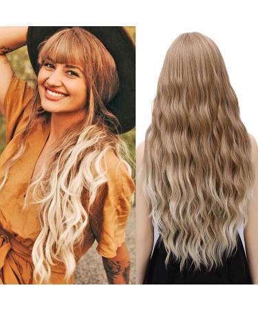 YEESHEDO Ombre Long Hair Wigs for Women Ombre Brown Blonde Sytnthetic Natural Wavy Curly Wig with Fringe Cosplay Party or Daily Wear Ombre Brown/Blonde