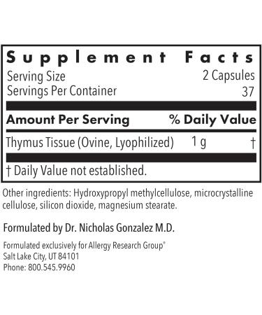 Allergy Research Group Thymus Supplement - Thymus Tissue Glandular Extract 1000mg Raw Thymus Glandular Ovine Lyophilized Hypoallergenic - 75 Count - Buy Online on GoSupps.com