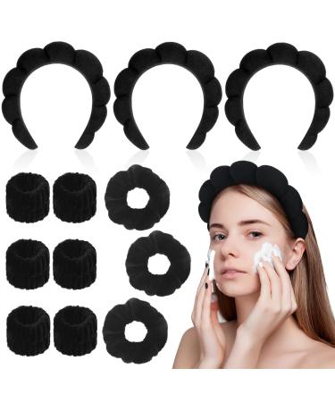 Cindeer 3 Pcs Sponge Spa Headband Makeup Headbands  3 Pcs Hair Scrunchies and 6 Pcs Face Washing Wristbands Wide Padded Headband for Skin Care Makeup Removal Shower for Women Girls (Black)