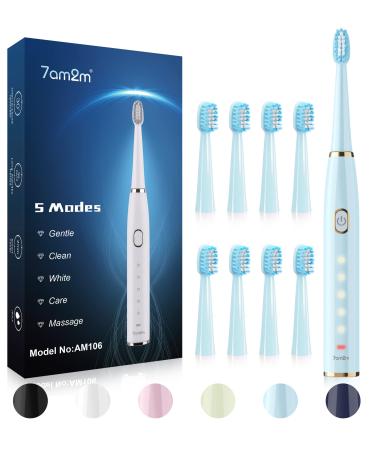7AM2M Sonic Electric Toothbrush for Adults and Kids- High Power Rechargeable Toothbrushes with 8 Brush Heads,5 Adjustable Modes, Built-in 2-Minute Smart Timer,4 Hours Fast Charge for 75 Days (Blue)