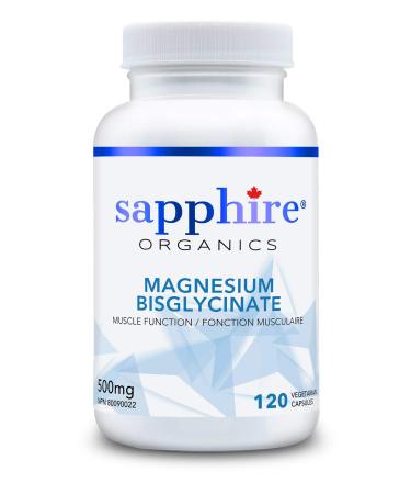 Sapphire Organics - Magnesium Bisglycinate 120 Veggie Capsules 500mg Gentle on Stomach Premium Grade Made in Canada