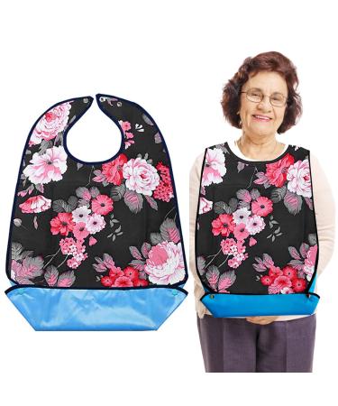 Cosysparks Adult Bibs for Women Washable Dining Bibs for Elderly Flower Waterproof Bibs with Crumb Catcher Reusable Clothing Protector Adult Feeding Bibs Disability Bibs for Adult (Flower)