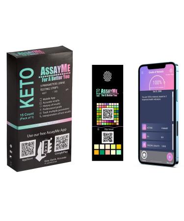 AssayMe Keto, 15 Keto Test Strips, Ketone Strips for Tracking Ketosis Ketogenic & Low-Carb Diets with Free App, Ketone Test Strips in Individual Packaging, Test for Ketone, SG, pH, Urinalysis at Home