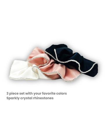 Josei 3pc Pure Silk Hair Scrunchies Set in Black, White & Pink with Rhinestones - Elastic Hair Bands for Women & Girls - Buy Online on GoSupps.com