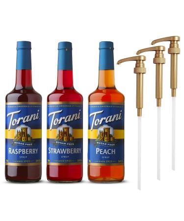 Torani Syrups 25.4Oz 3 Pack Sugar Free Fruit Bundle - Strawberry Peach & Raspberry Syrup for Coffee with 3 Gold Pump Coffee Syrup Dispenser Multicolor Pack of 3 Sugar Free-Strawberry Peach Raspberry 8.47 Fl Oz (Pack of 3)