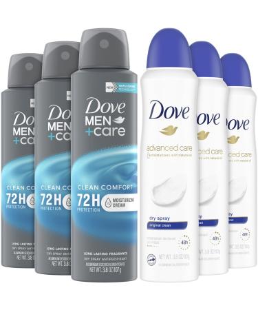 Dove Deodorant Spray Men+Care + Dove Advanced Care Deodorant for Women - Dry Spray Deodorant Antiperspirant for Men Women Teenagers with Moisturizing Oil Scented 3.8 Oz (6 Piece Set)