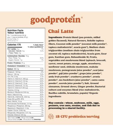 Good Protein Vegan Plant-based Protein Powder 100% Natural Non-GMO Dairy-free Gluten-free Soy-free No Added Sugar and Nothing Artificial. Chai Latte All-in-One Shake 440 grams Chai Latte 440 g - Buy Online on GoSupps.com