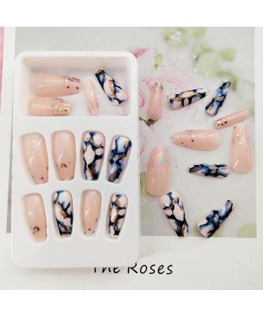 Shop Medium Length Coffin Press on Nails | Blue Marble & Sequin Designs | Glossy Acrylic Full Cover Nail Set for Women - 24 Pcs - Buy Online on GoSupps.com