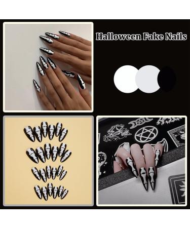 24Pcs Gothic Bones Press On Nails - Long Halloween Acrylic Fake Nails with Scary Gothic Design for Women & Girls - Buy Online on GoSupps.com