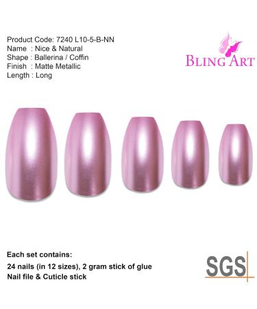 Bling Art Pink Metallic Ballerina Coffin False Nails - 24 Long Artificial Nails with Glue - Perfect for Stunning Nail Art - Buy Online on GoSupps.com