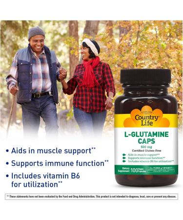 Country Life L-Glutamine 500mg Vegan Capsules - Muscle & Immune Support with Vitamin B6 - Gluten-Free & Kosher - 100 Count - Buy Online on GoSupps.com