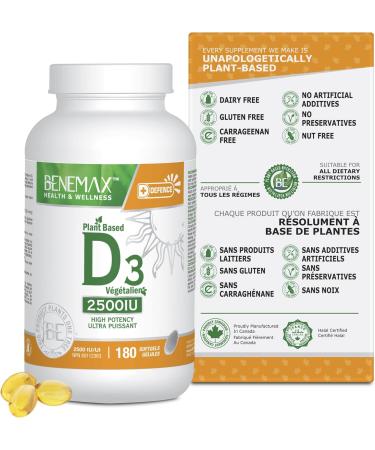 Benemax Vitamin D3 2500 IU For Healthy Bones Teeth and Helps Prevent Vitamin D Deficiency Plant Based & Vegan 180 Day Supply - Buy Online on GoSupps.com