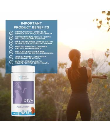 Nova Pharma DIVA Gummy Vitamins - Vegan Gluten-Free Biotin Supplement Soft Chewable Multivitamin Gummies Maintains Strong Bones Gives Radiant Skin and Strengthens Hair & Nails - 60 Gummies - Buy Online on GoSupps.com