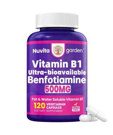 NuvitaGarden Benfotiamine 500mg + 20mg Vitamin B1 120 Veggie Capsules High Potency Fat Soluble Essential Vitamin B1 Thiamine Supplement Supports Overall Health Non-GMO Gluten Free