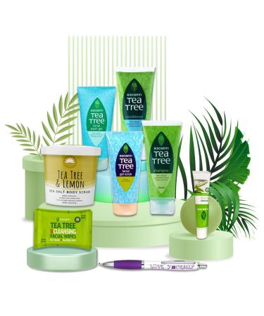 Tea Tree Bath & Body Gift Sets | Cream 28g Shampoo & Conditioner 200ml Facial Wash Gel 150ml Facial Gel Scrub 150ml Body Scrub 200g Facial Wipes 25pk with Sinta Gifts Pen | 9pc Skincare for Women