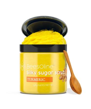 Silky Sugar Scrub by BeesOline - Premium Fine Cane Sugar | Turmeric - Extra Large 19oz Convienent Flip-Top Lid Organic Sunflower Oil & COCONUT OIL for Smooth Gentle Exfoliation