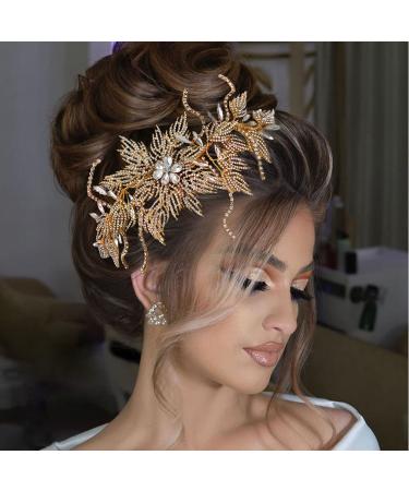 ULAPAN Wedding Hairpiece Headbands Rhinestone Gold Bridal Tiara for Women Bridal Hair Accessories (Gold)