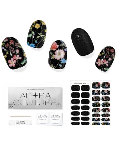 Semi Cured Gel Nail Strips Kit | 30pcs Uv Gel Nail Stickers with Uv Light | Velvet Colorful Flowers Nail Wraps | Gel Stickers for Nails Uv Light (Night Garden) Black Garden