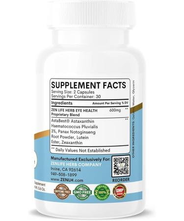 ZEN LIFE HERB Eye Health with Panax Notoginseng Astaxanthin Lutein and Zeaxanthin (60 Capsules) | GMP Certified - Buy Online on GoSupps.com
