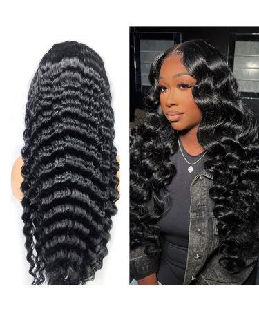 Uesoels 26 Inch Lace Front Wigs for Black Women 13x4 Loose Deep Wave Lace Frontal Wig Human Hair Pre Plucked with Baby Hair 180 Density Brazilian Human Hair Wig 26 Inch 13x4 Loose Deep Natural Black