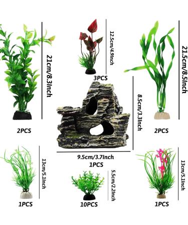QUOZUO 20 Pieces Aquarium Artificial Plants - Green Plastic Decorations & Resin Cave Accessories for Fish Tanks - Buy Online on GoSupps.com
