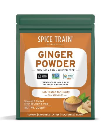 SPICE TRAIN Ginger Powder (200g/7oz) 100% Raw Ground Ginger Root Powder from India in Resealable Zip Lock Pouch | Active Gingerol Perfect for Cooking Baking Gingerbread Smoothies & Tea