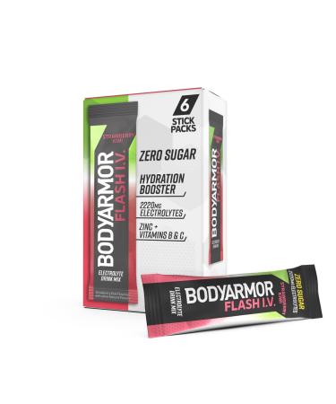 BODYARMOR Flash IV Electrolyte Packets Strawberry Kiwi - Zero Sugar Drink Mix Single Serve Packs Coconut Water Powder (6 Count) Strawberry Kiwi 1.5 Ounce (Pack of 1)
