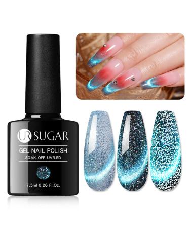 UR SUGAR Reflective Glitter Cat Magnetic Eye Gel Nail Polish Set Blue Reflective Glitter Magnetic Sparkling Shimmery Diamond Soak Off U V Gel Nail Varnish Manicure Gifts Set for Women Blue Magnetic